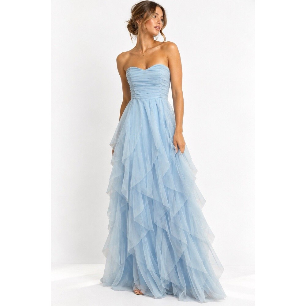 Lulus Delightful Beauty Blue Mesh Strapless Ruched Ruffled Maxi Dress NWT M
